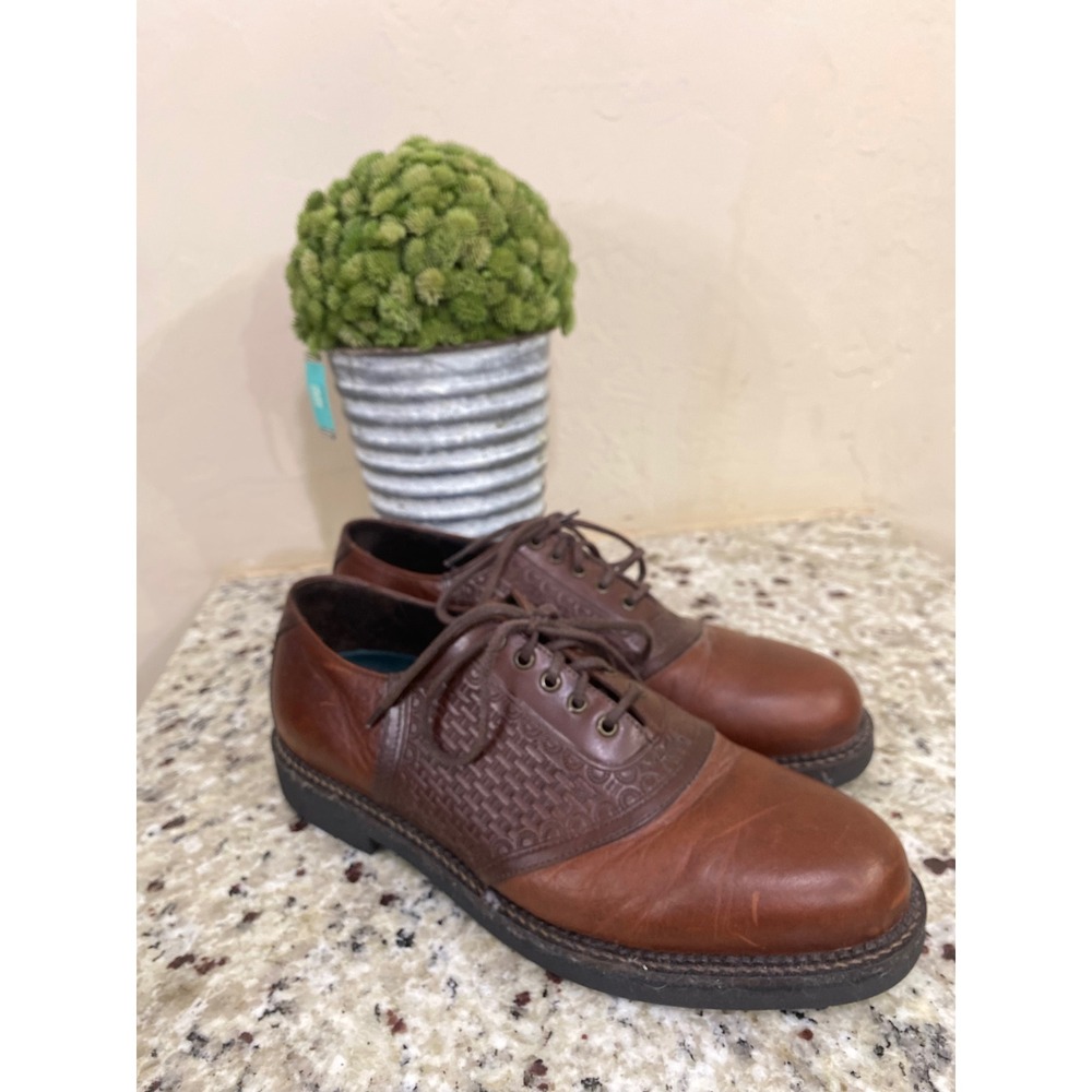 Vintage Made in Brazil Brown Leather Embossed Saddle Shoes Oxfords Mens 8.5M‎